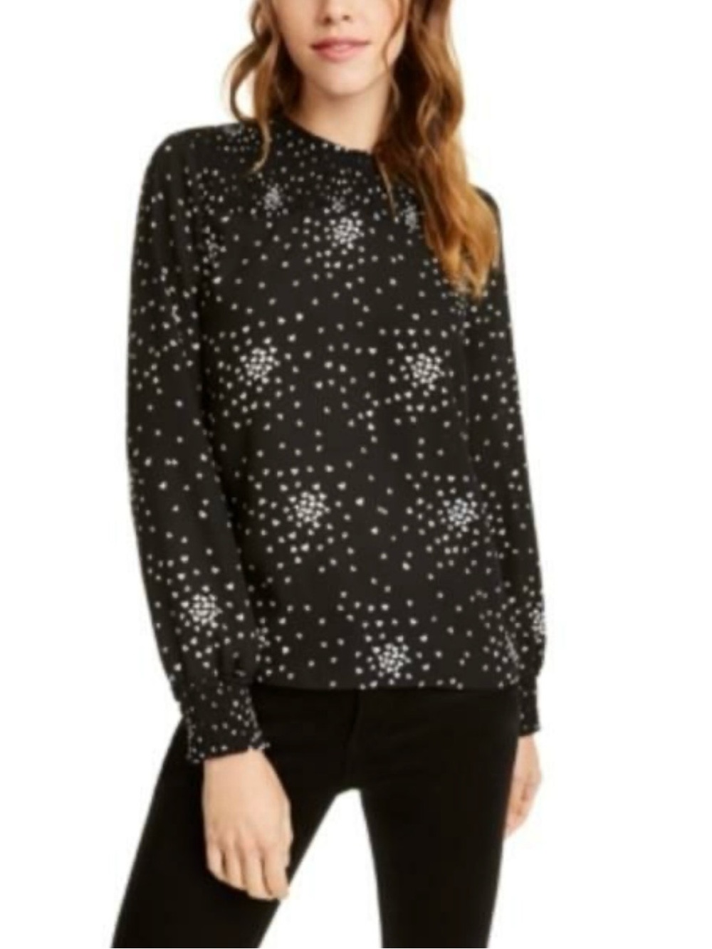 Maison Jules Heart Black and White Heart-Print Smocked Blouse and sleeves XS